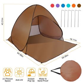 Pop Up Beach Tent Sun Shade Shelter Anti-UV Automatic Waterproof Tent Canopy for 2/3 Man w/ Net Window Storage Bag (Color: Coffee)